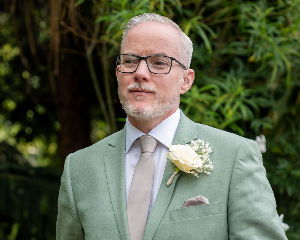 Groom first look at Torre Abbey wedding in Torquay, Devon.